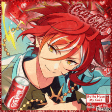 a red haired anime character with a can of coca cola