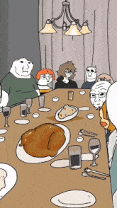 a cartoon of people sitting around a table with a turkey on it