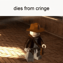 a picture of a lego cowboy with the words dies from cringe