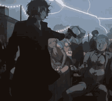 a group of people are gathered in a dark room with lightning strikes in the background