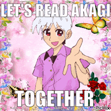 a picture of a boy with the words let 's read akagi together written on it