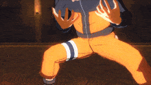 a cartoon character with orange pants and a blue jacket is standing on one leg