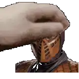 a pixelated image of a person wearing a helmet with a hand on it