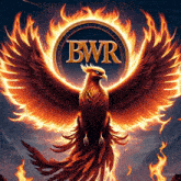a phoenix surrounded by flames with the word bwr in the center