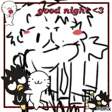 a drawing of a cat and a bird with the words good night < 3