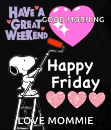 snoopy is sitting on a ladder painting a heart with a roller .
