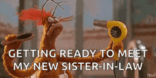 a stuffed animal is holding a hair dryer and saying `` getting ready to meet my new sister-in-law ''
