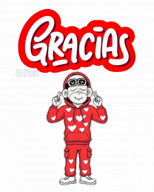 a cartoon of a monkey wearing a red hoodie with hearts and the word gracias above him