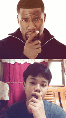 a man with his finger on his nose and another man with his hand on his chin