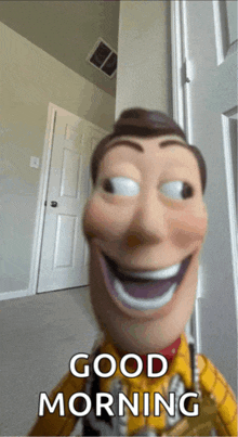a woody doll says good morning in a room