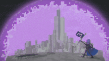 a pixel art of a man holding a flag with a letter m on it