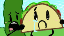 a drawing of a taco crying next to a green pickle .