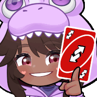 a girl in a purple dinosaur costume holds up a red uno card