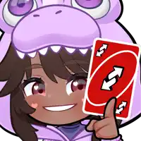 a girl in a purple dinosaur costume holds up a red uno card
