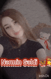 a girl taking a selfie with the words " narmin geldi " on the bottom right