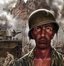a painting of a man wearing a helmet and looking at the camera