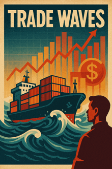 an illustration of a man looking at a ship with the words trade waves below it