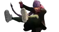 a cartoon character with purple hair and a braided tail is sitting on the ground