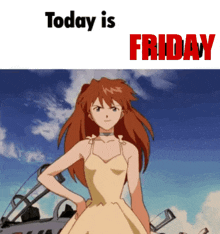 a girl in a yellow dress is standing in front of a blue sky with the words today is friday below her