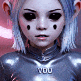 a close up of a girl with black eyes and the word voo on her shirt