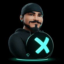 a man with a beard is holding a glowing x in a circle
