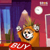 a dog wearing a hoodie is pressing a button that says buy