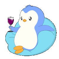 a blue penguin is sitting on a bean bag chair holding a glass of wine