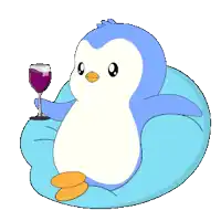 a blue penguin is sitting on a bean bag chair holding a glass of wine