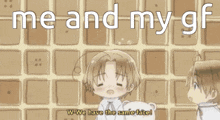 a picture of two boys with the words " me and my gf " written above them