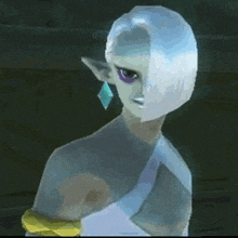 a cartoon character with white hair and purple eyes is wearing a white dress .
