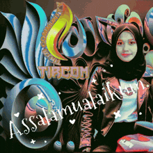 a woman in a hijab is standing in front of a colorful background that says " assalamualaikum "