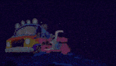 a pink cartoon character is running next to a blue vehicle