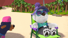 a cartoon dog wearing sunglasses and a hat is sitting in a chair under an umbrella