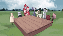 a group of cartoon characters sitting around a wooden table
