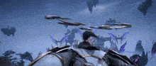 a person is riding a horse in a video game with a bunch of flying objects in the sky .
