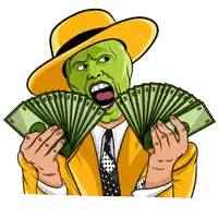 a cartoon of a man with a mask on holding a fan of money