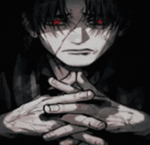 a black and white drawing of a man with red eyes holding his hands together .