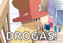 a cartoon character with a red hat and the words drogas on the bottom