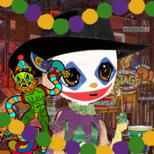 a cartoon drawing of a clown with a sign that says stage in the background
