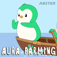a cartoon of a penguin in a boat with aura farming written on the bottom