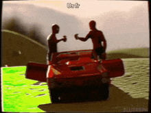 two men toasting in front of a red car that says us fr on the bottom