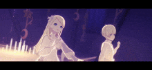 two anime characters are standing next to each other in a dark room