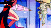 a cartoon of a woman holding a pink umbrella while another woman looks on