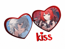 a couple of hearts with the word kiss in the middle