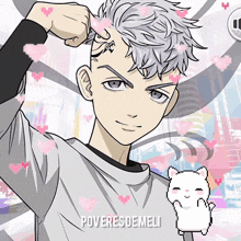 a drawing of a man with a tattoo on his forehead is surrounded by pink hearts and the words poderes de meli