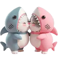 two stuffed animals in shark costumes kissing on a white background