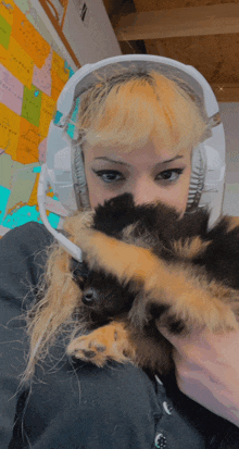 a woman wearing headphones holds a small dog in front of a map of the united states