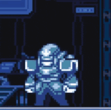 a pixel art illustration of a robot in a dark room .