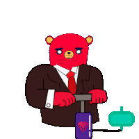 a cartoon of a red teddy bear in a suit and tie holding a cup