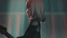 a girl is playing a guitar with a strap that says spectra on it